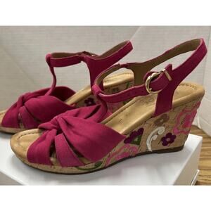 Gabor T Strap Buckle Cork Partial Wedge Sandals Pink US 8.5 UK 6 Embroidered